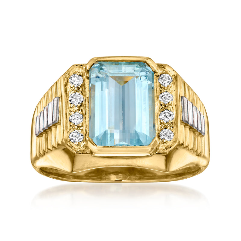 Vintage aquamarine and diamond ring in yellow gold, emerald-cut blue center stone