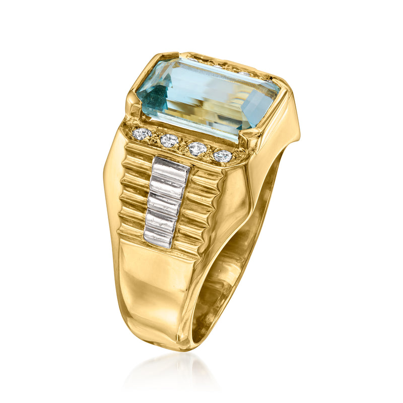 Vintage aquamarine diamond ring, yellow gold band with side baguette diamond details