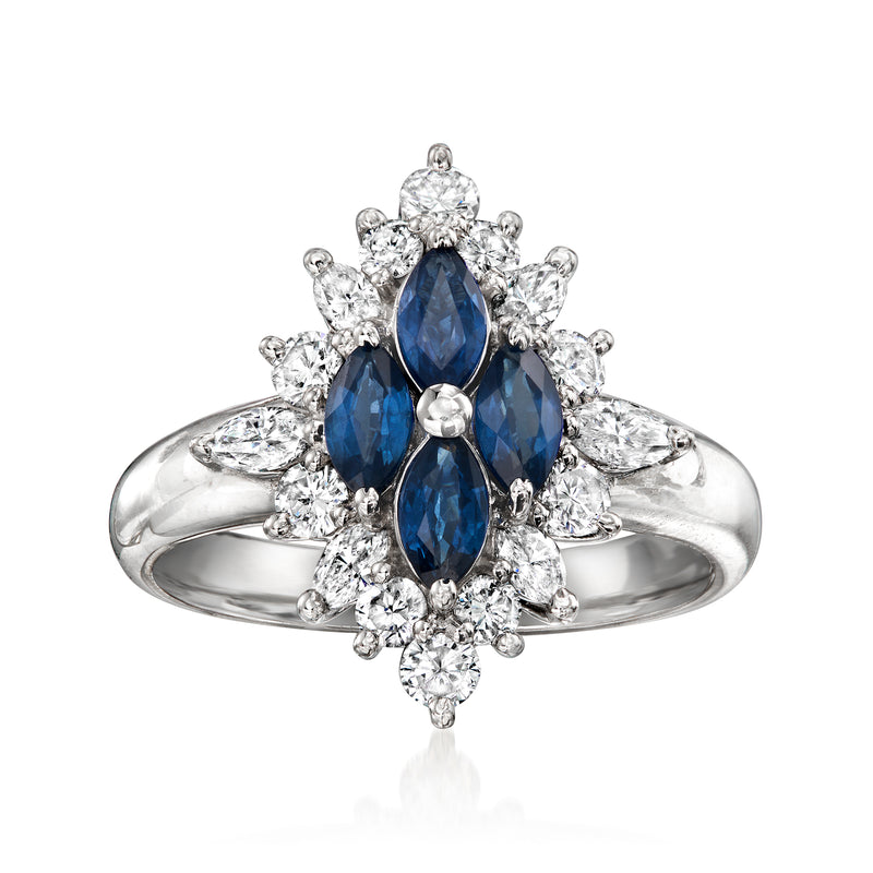 Platinum vintage sapphire and diamond cluster ring with marquise blue center