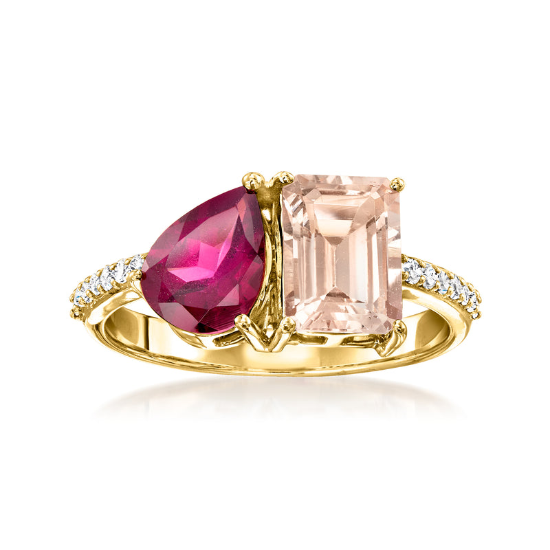 14kt yellow gold toi et moi ring with pink and peach gemstones and diamond accents