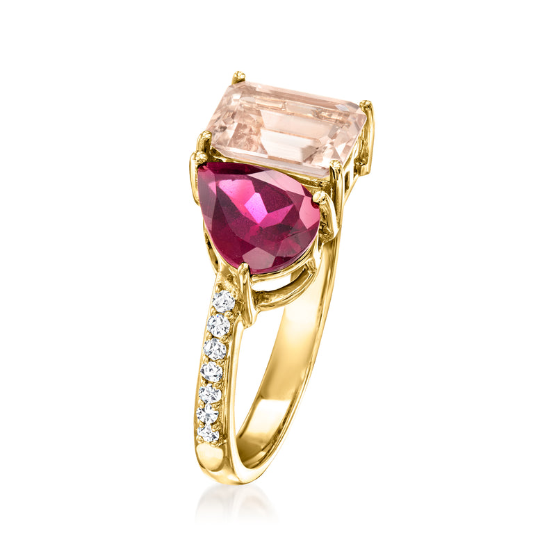 Yellow gold toi et moi ring with square peach stone, marquise pink stone, diamond side