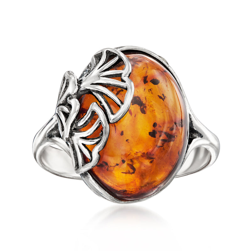 Sterling silver ginkgo leaf ring with oval amber cabochon centerpiece
