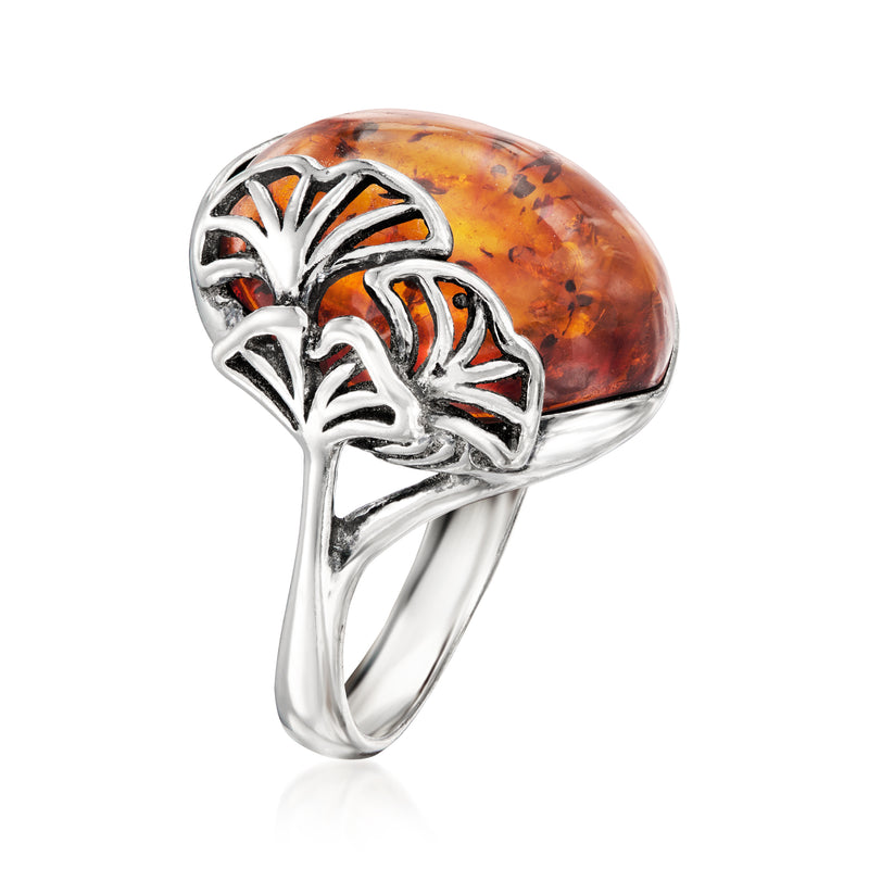 Oval amber cabochon ginkgo leaf sterling silver ring, side view