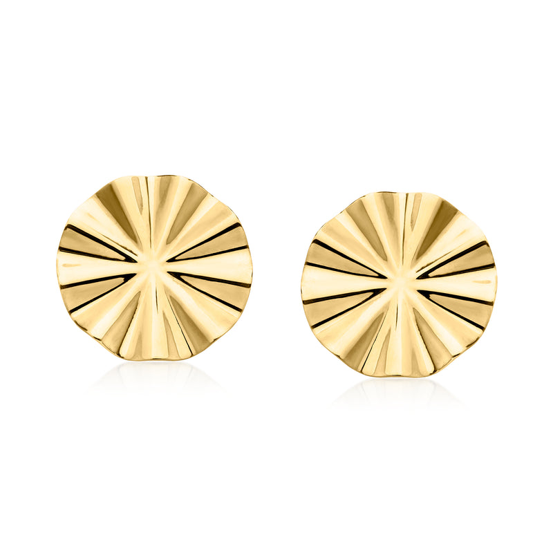 Gold-tone round sunburst wavy post earrings with faceted ridges
