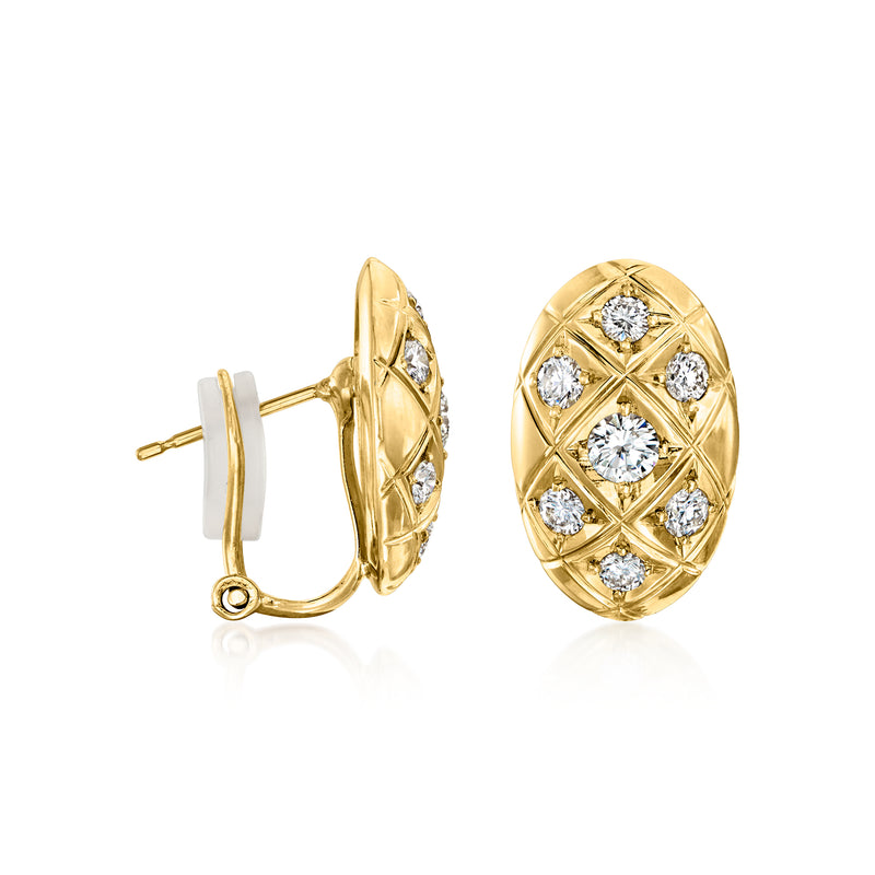 18kt yellow gold diamond clip/post earrings with oval checkerboard pattern