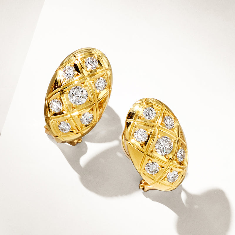 Pair of oval yellow gold diamond checkerboard earrings, full front view