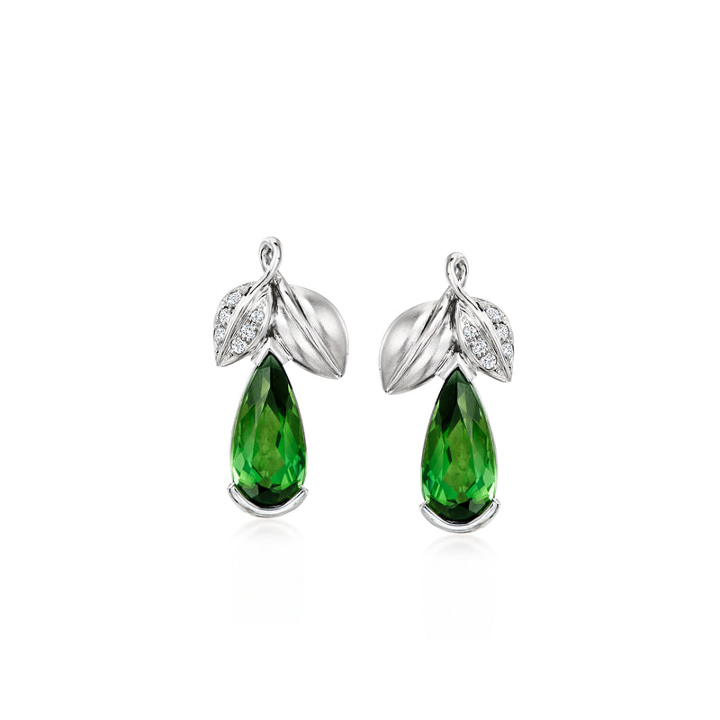 Green pear-cut tourmaline drop earrings with diamond accents in white gold, clip/post