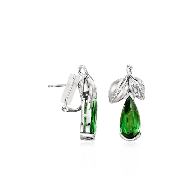 Green pear-cut tourmaline drop stud earrings with diamond halo accents, white gold back