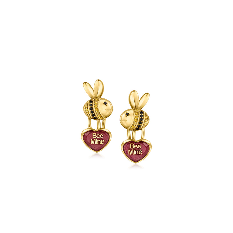 Gold bee heart drop earrings with purple enamel hearts and black accents