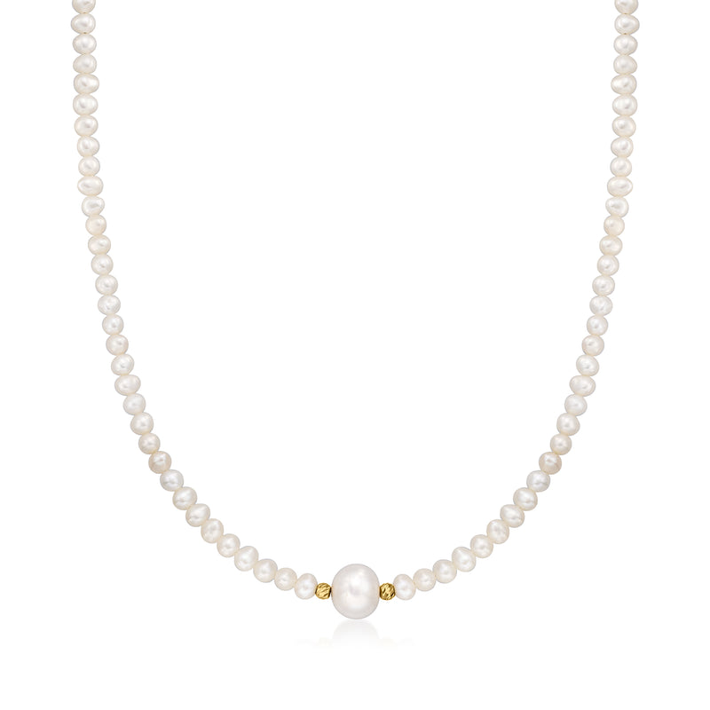 Cultured pearl necklace with gold clasp and round centerpiece pearl at center