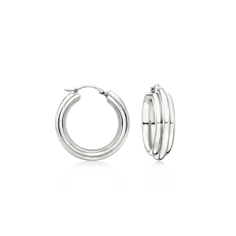 Sterling silver three-row hoop earrings, hinged hoops with stacked rows, front and side view