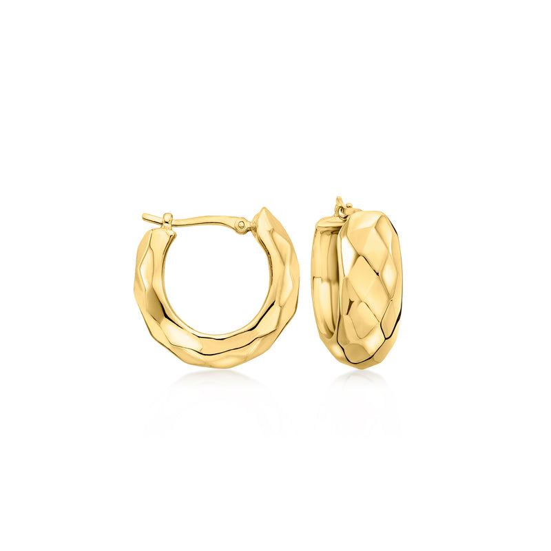 Yellow gold faceted geometric hoop earrings, rounded square-cut texture