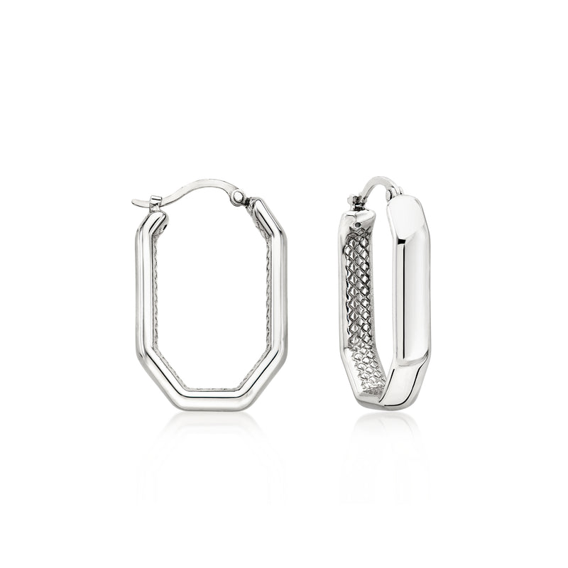 Sterling silver geometric octagon hoop earrings, textured outer panel