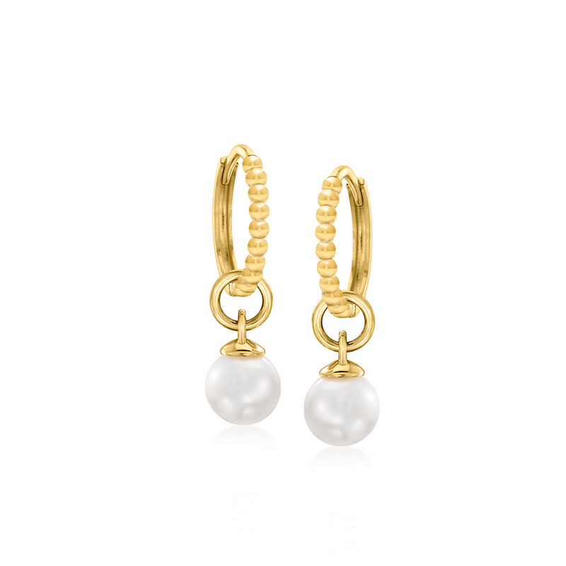 Cultured pearl hoop charms in 14kt yellow gold with bead-textured hoops and pearl drops