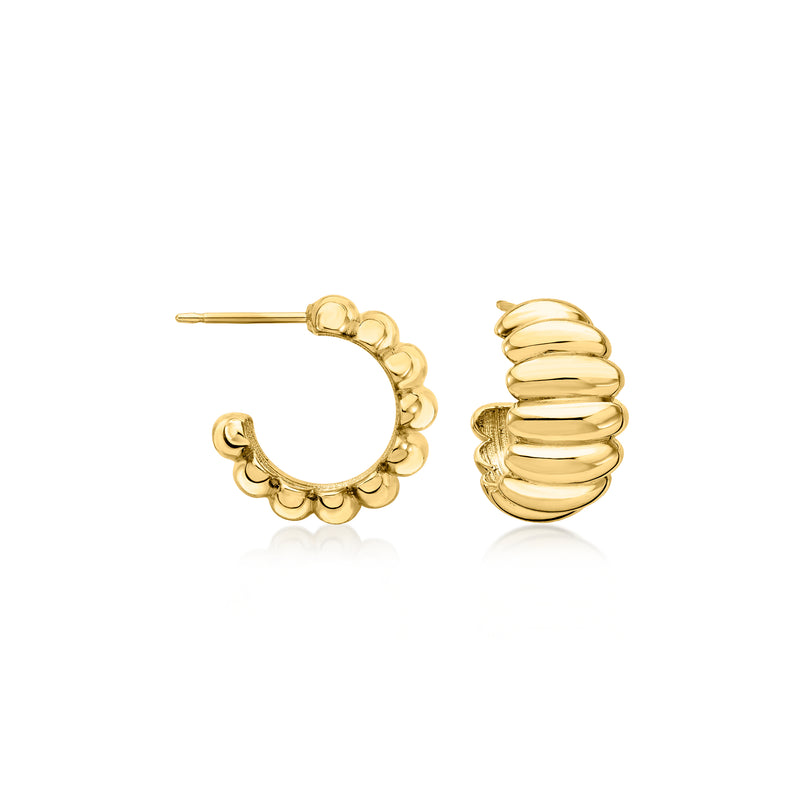 Gold shrimp hoop earrings, textured scalloped hoops, small pair