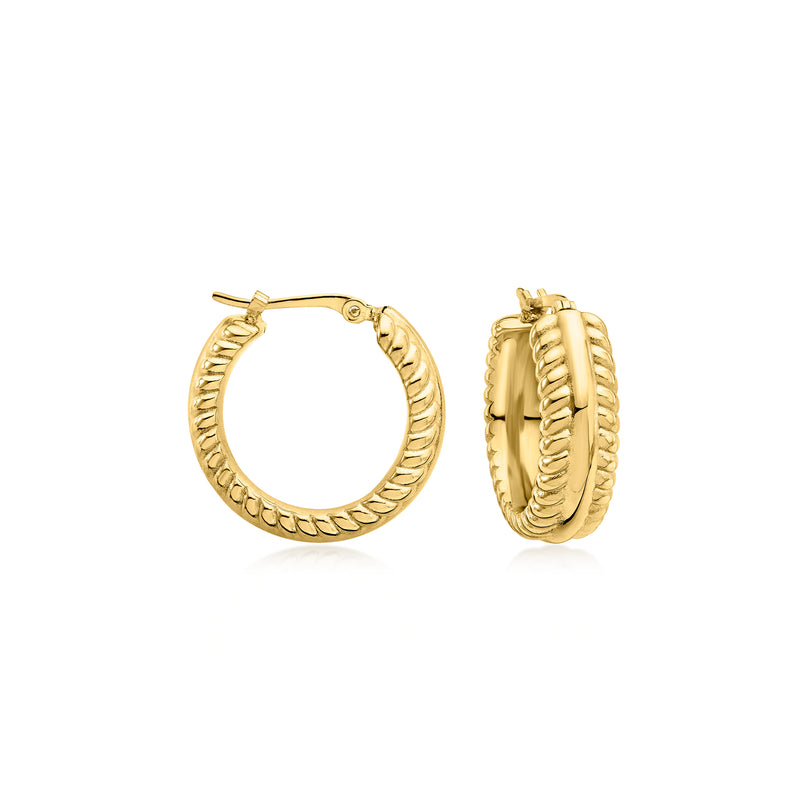 14kt yellow gold ribbed-edge hoop earrings, hinged clasp and rounded hoop profile