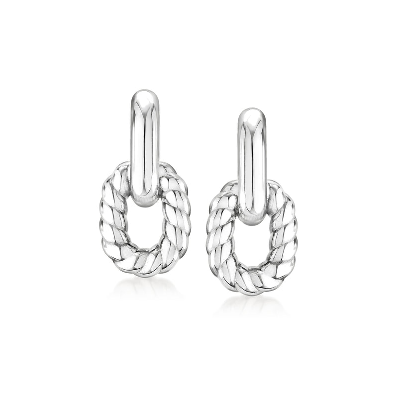 Sterling silver twisted double-link drop earrings, oval linked hoops with hinged posts