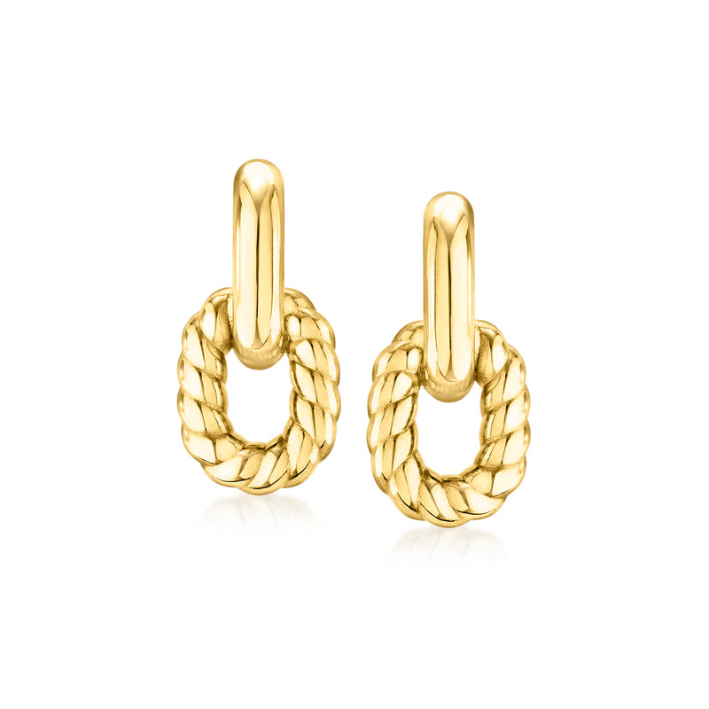 Twisted double-link drop earrings in 14kt yellow gold, rounded link hoops