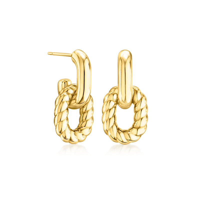 Twisted double-link drop earrings in 14kt yellow gold, side view with post