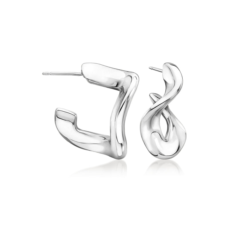 Sterling silver twisted square hoop earrings, polished finish