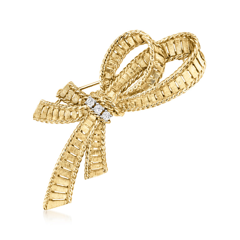 Vintage 14kt yellow gold diamond ribbon pin with bow and small round diamond cluster