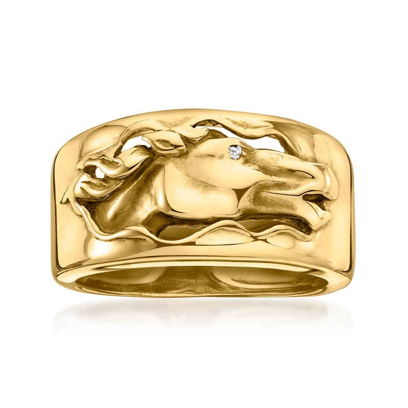 Vintage yellow gold horse ring with relief horse head and single diamond