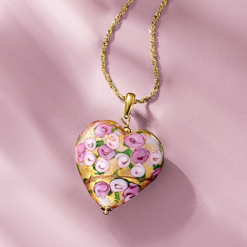 Gold-tone heart pendant necklace with multicolored glass swirl detail