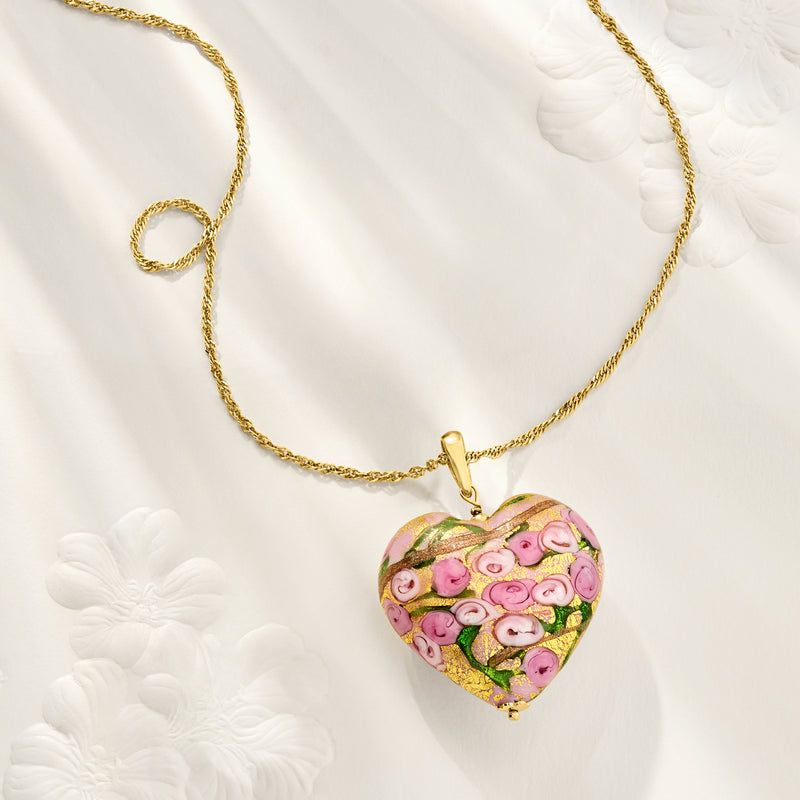Gold-tone heart glass pendant necklace with multicolored inlay pattern