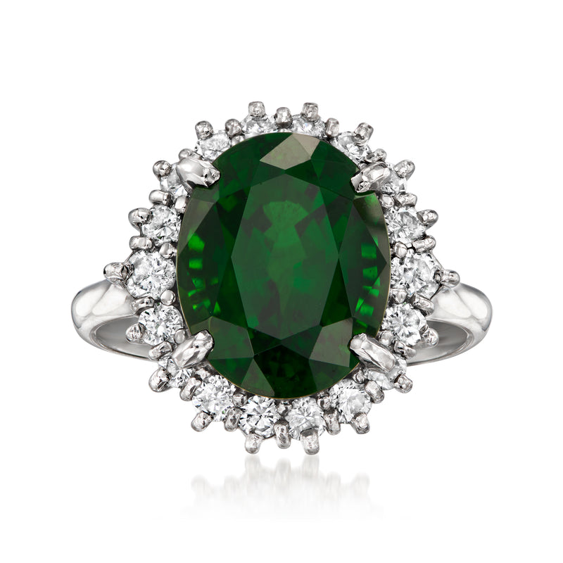 Platinum vintage ring with green tourmaline center and diamond halo, size 5.25