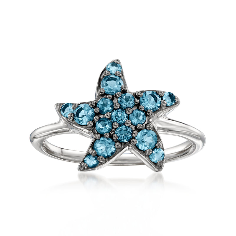 Sterling silver starfish ring with blue topaz gemstones in starfish design