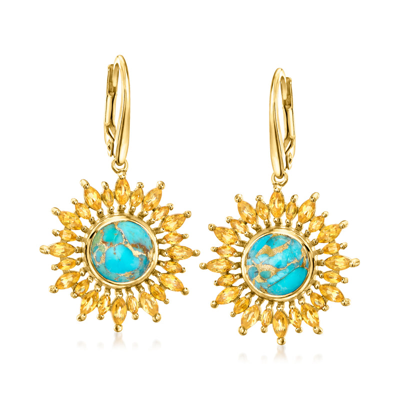 Sunflower drop earrings in gold with turquoise center stone and lever backs