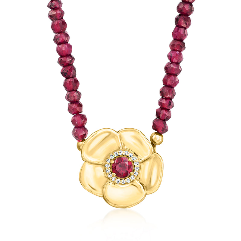 Gold over sterling rhodolite beaded necklace with flower pendant, center red gem and diamonds