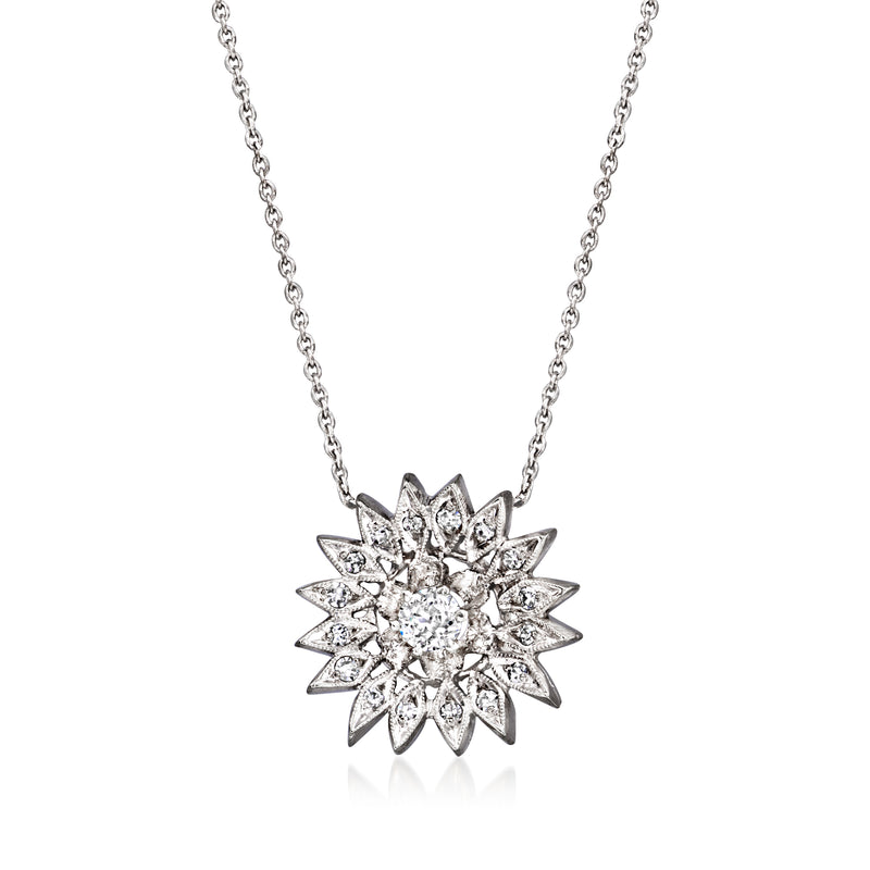Diamond cluster pendant necklace in 14kt white gold, starburst-style with multiple stones