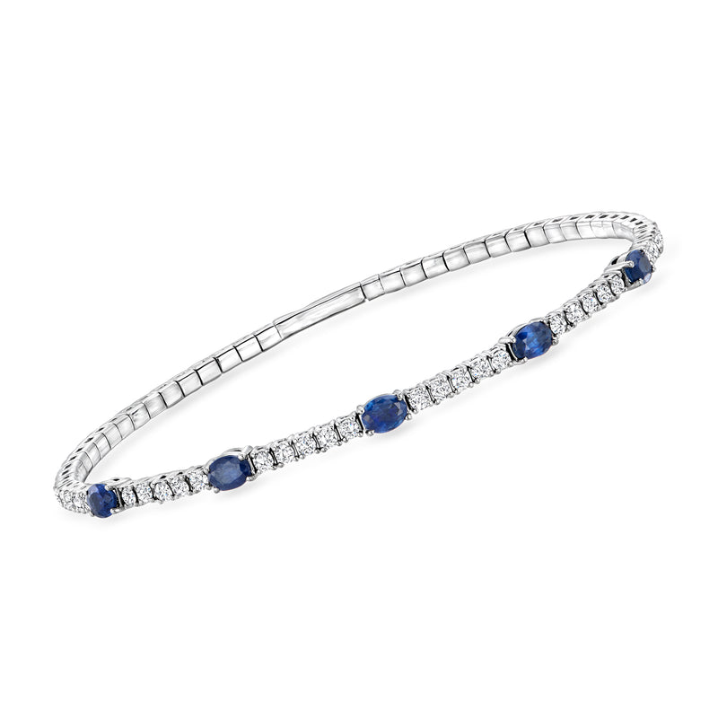 Sterling silver flex bangle bracelet with sapphire and diamond accents, blue stones
