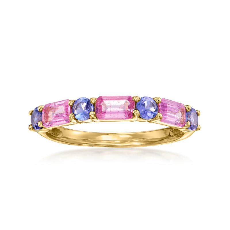 14kt yellow gold gemstone ring with pink and blue multicolored stones