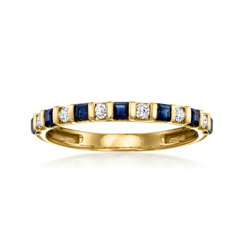 Yellow gold sapphire and diamond ring with blue stones and white diamond accents