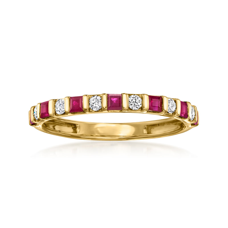 14kt yellow gold ring with alternating ruby and round diamond accents