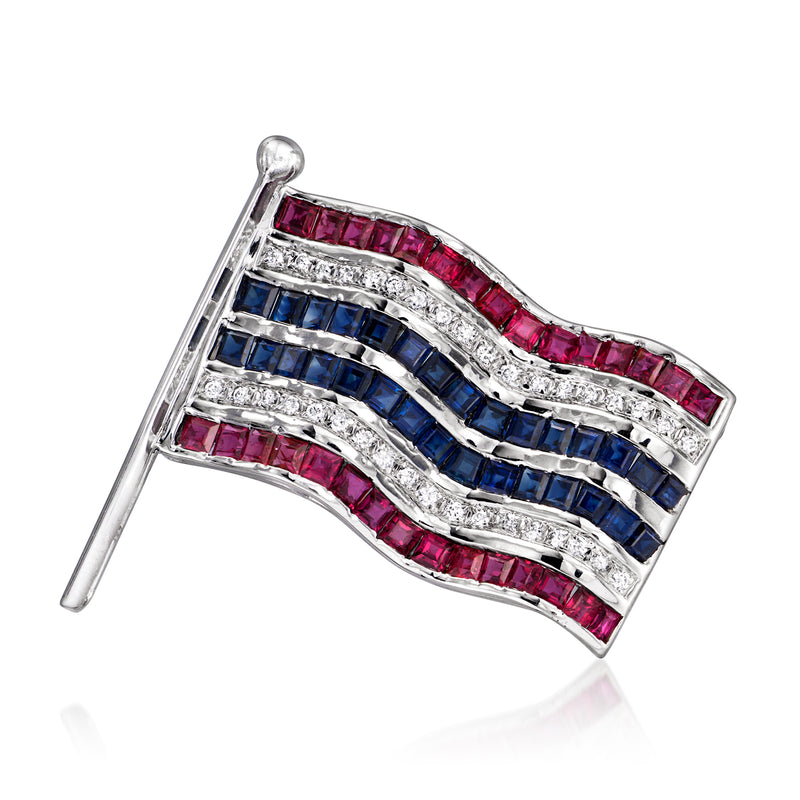 14kt white gold flag pin with red ruby, blue sapphire, and diamond accents