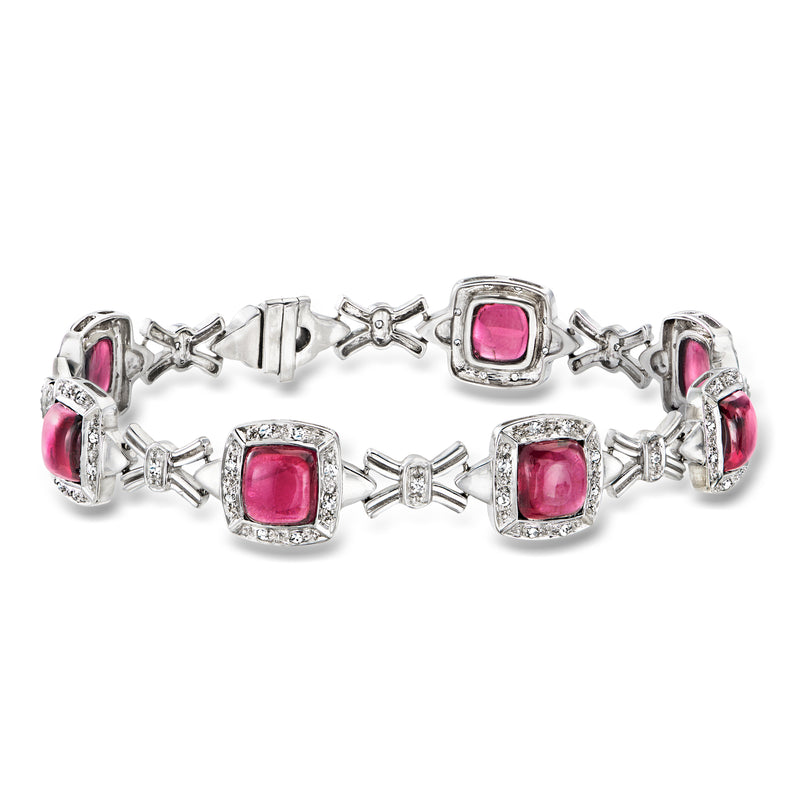 Vintage white gold link bracelet with pink rhodolite garnets and diamond accents