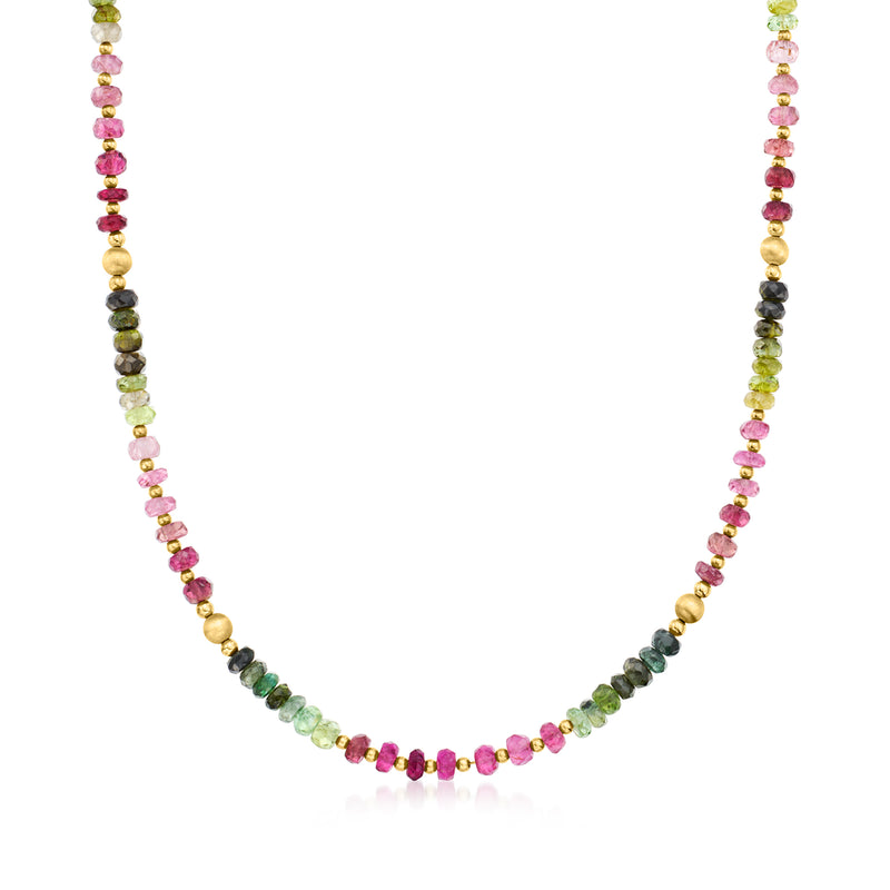 Multicolored tourmaline bead necklace with round gemstone beads, vintage style
