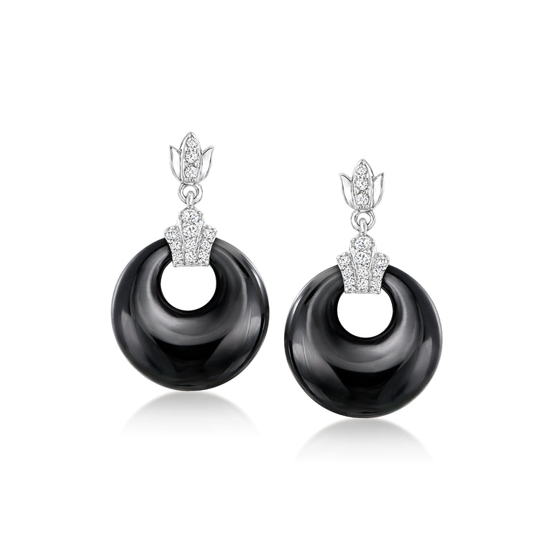Sterling silver drop earrings with black round onyx discs and clear topaz accents