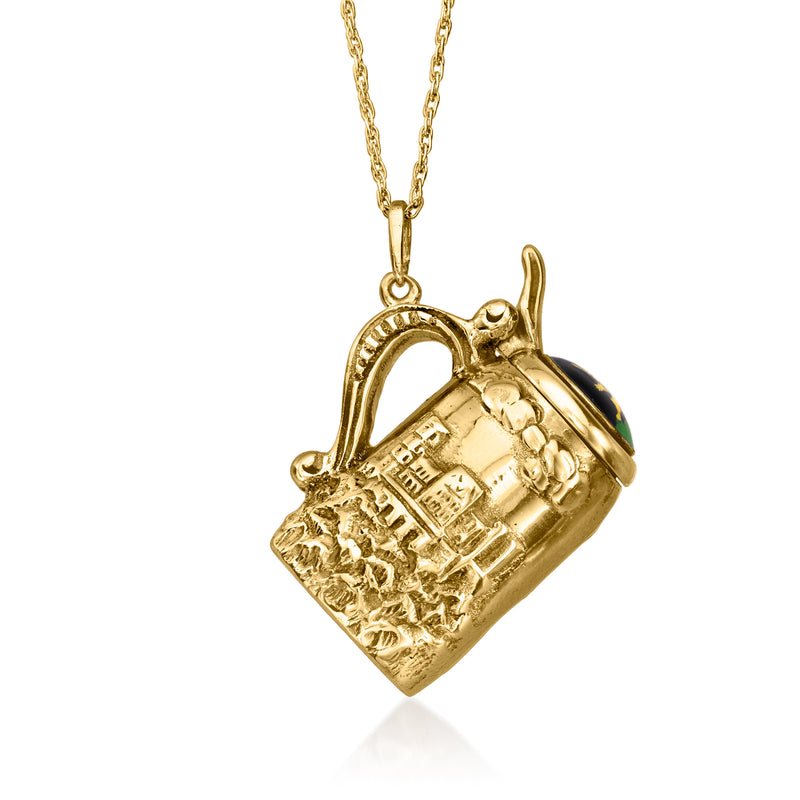 Gold tankard pendant necklace with black enamel lion, textured 8kt-style bail and chain