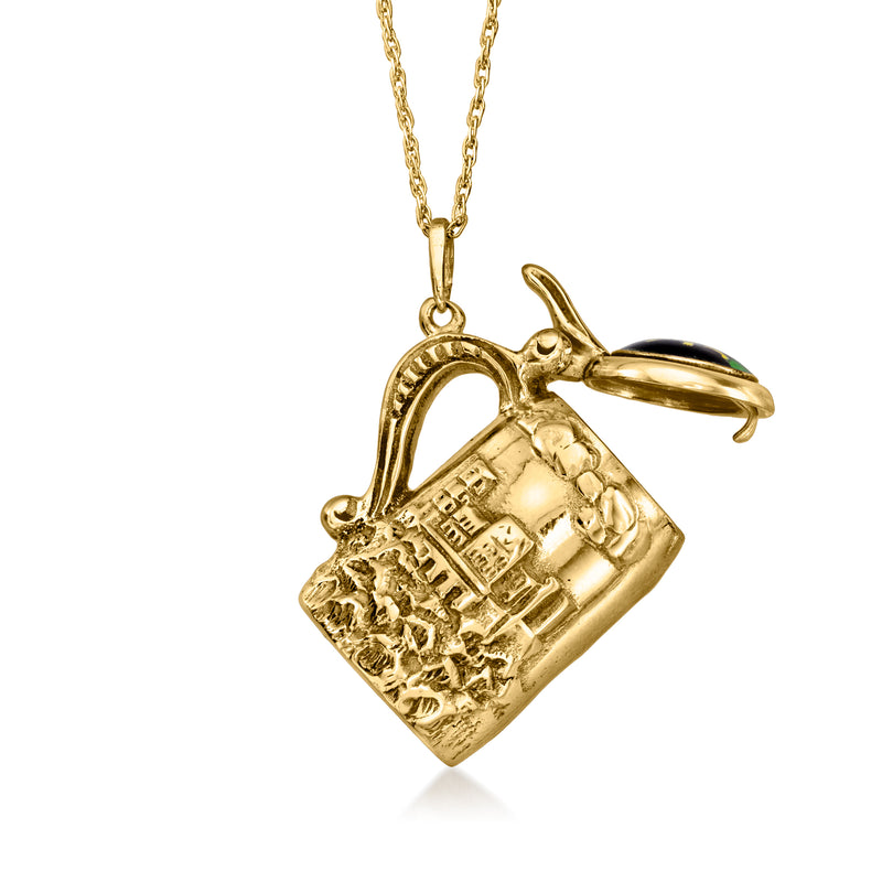 Gold tankard pendant necklace with black enamel lion detail and round loop bail