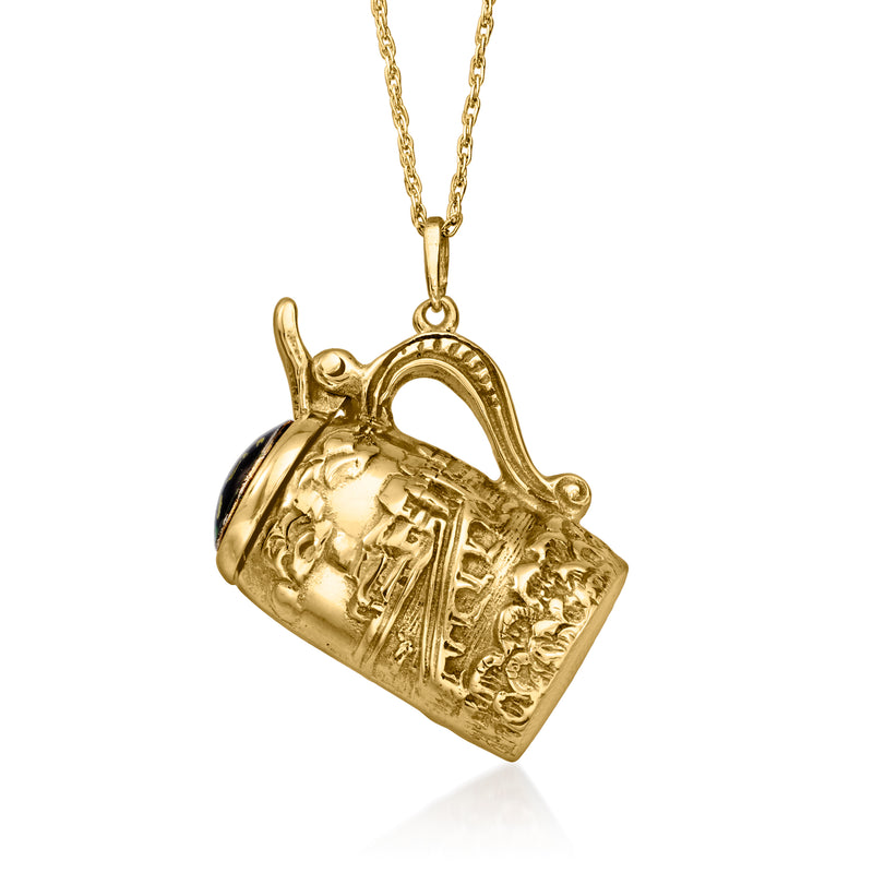 Gold tankard pendant necklace showing embossed lion and handle on a short loop
