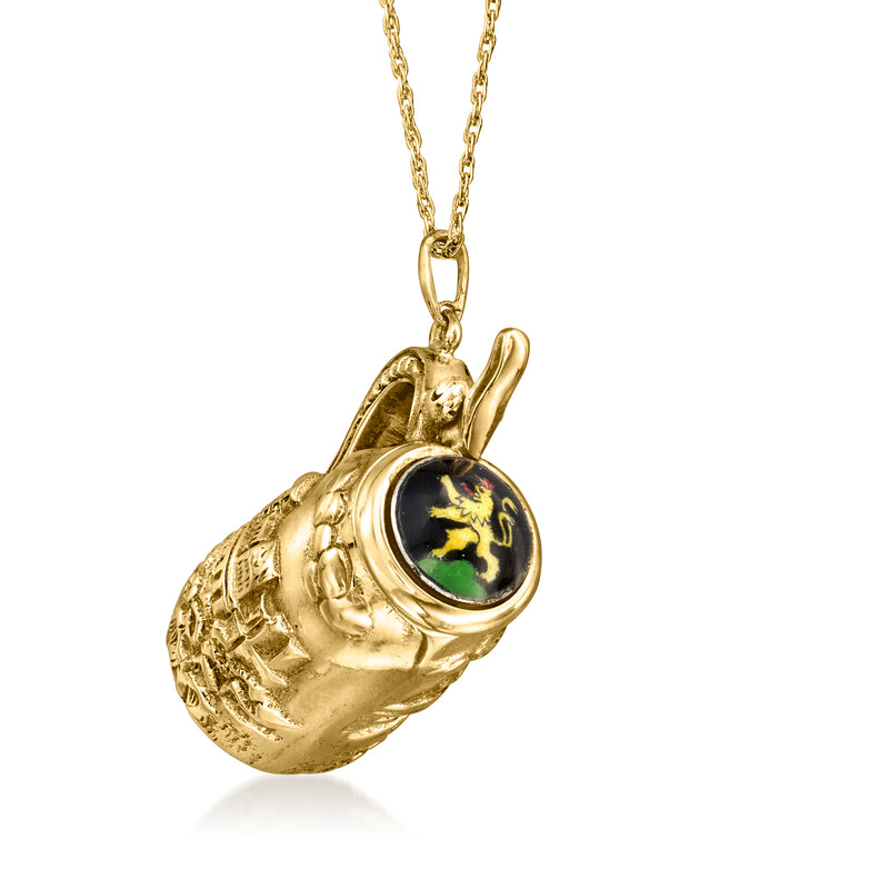 Gold tankard pendant necklace with black enamel medallion and multicolor lion motif