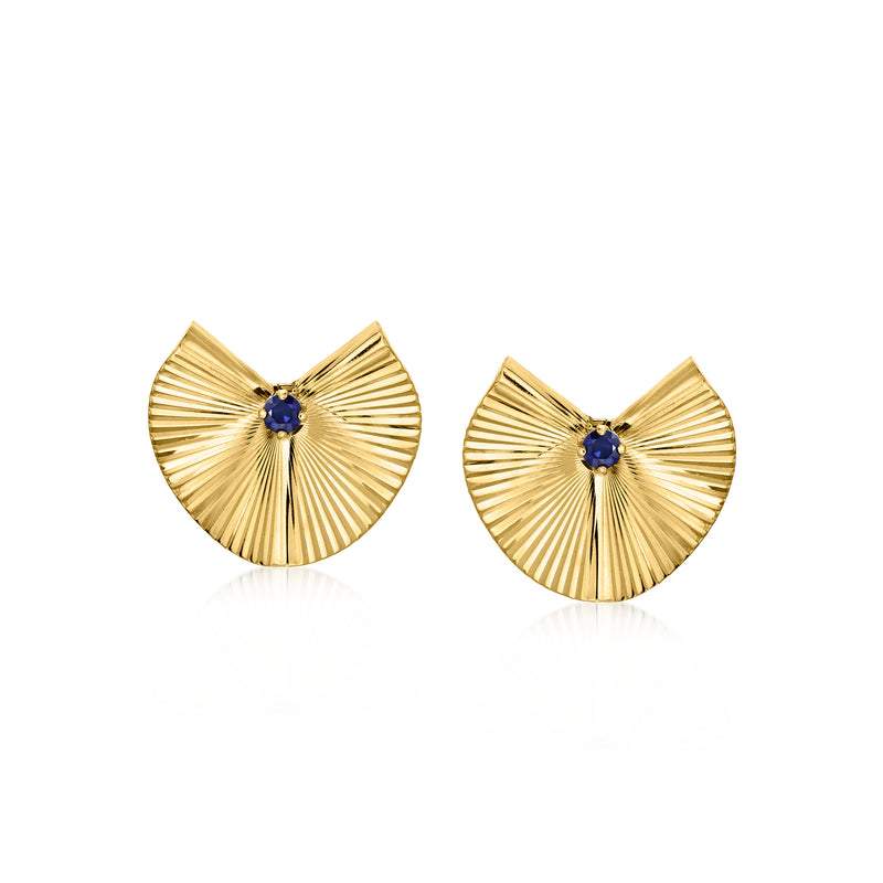 14kt yellow gold fluted fan clip-on earrings with round blue sapphire center.