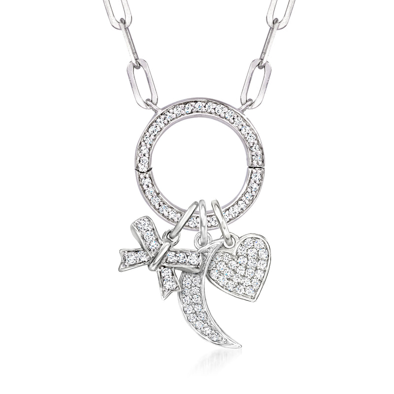 Sterling silver diamond circle necklace with three charm pendants