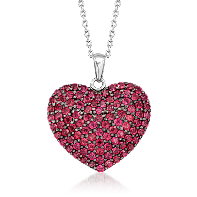 Rhodolite garnet puffed heart pendant necklace in sterling silver