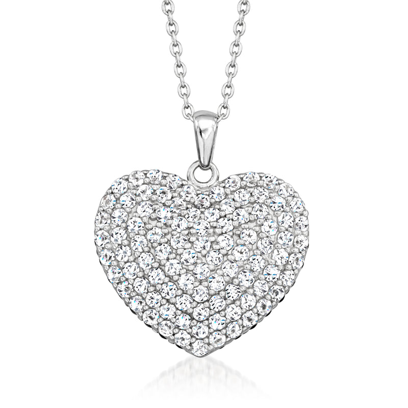Sterling silver puffed heart pendant necklace with pavé white topaz