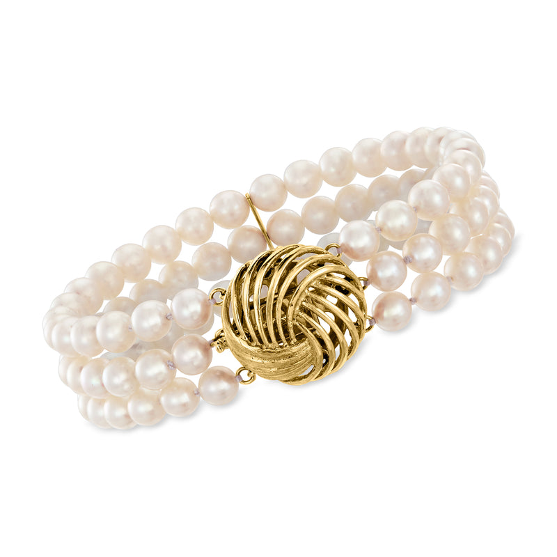 Cultured pearl three-strand bracelet with 14kt yellow gold clasp